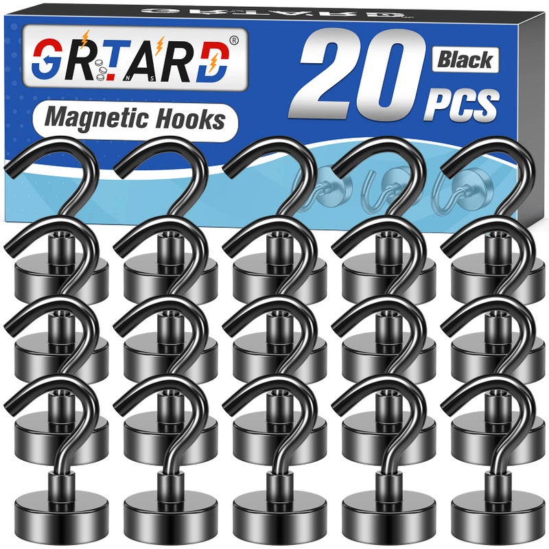 Grtard 20 Pack Magnetic Hooks Heavy Duty, 30LBS Strong Magnet Hooks Heavy Duty, Black Magnetic Hooks for Cruise Cabins, Neodymium Magnets with Hook for Hanging, Outdoor, Kitchen, Workplace, Garage - Image 1